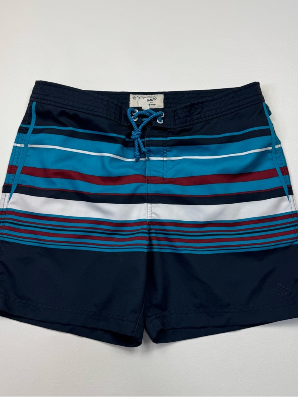 Original Penguin Men's Navy Stripe Swim Trunks with Teal & Maroon Size 32